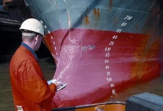 Surveyor taking draft measurements on a vessel hull.