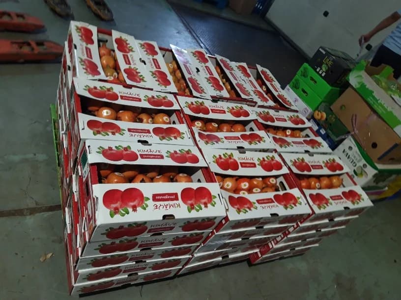 Stacked cartons of fresh fruit in a cargo facility.