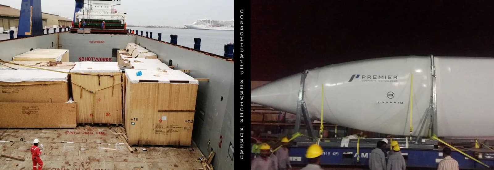 Composite image of cargo crates in a ship hold and a wrapped wind turbine component on a trailer.